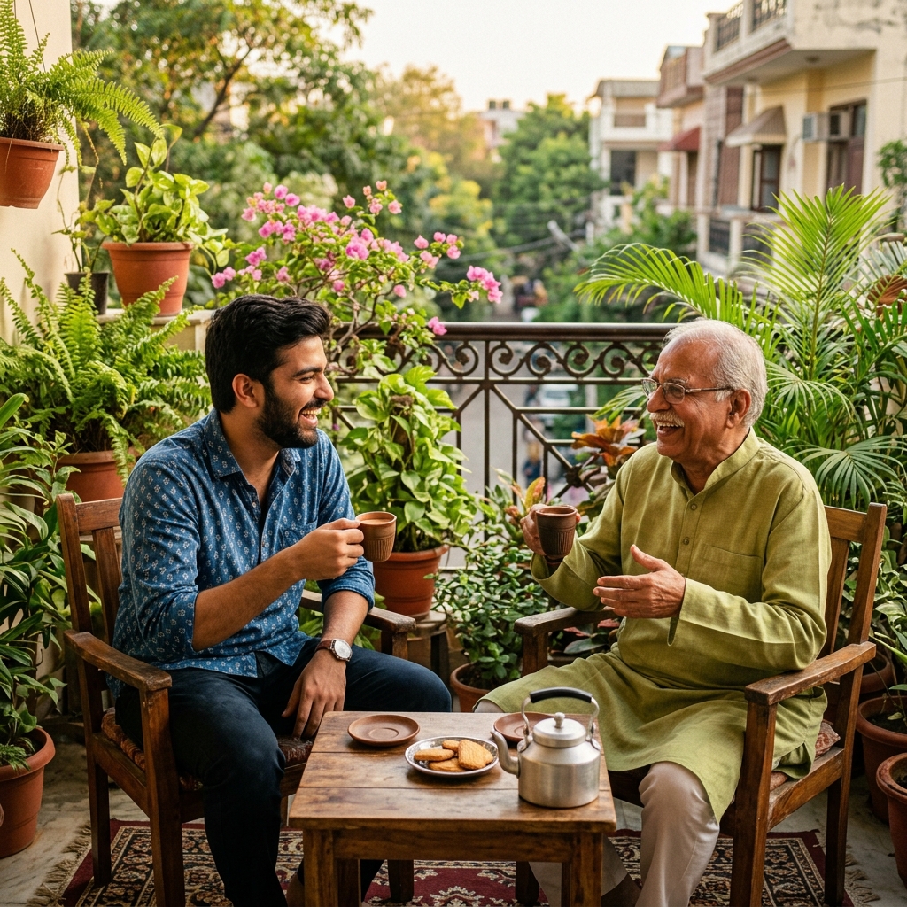 Elderly person laughing with young companion