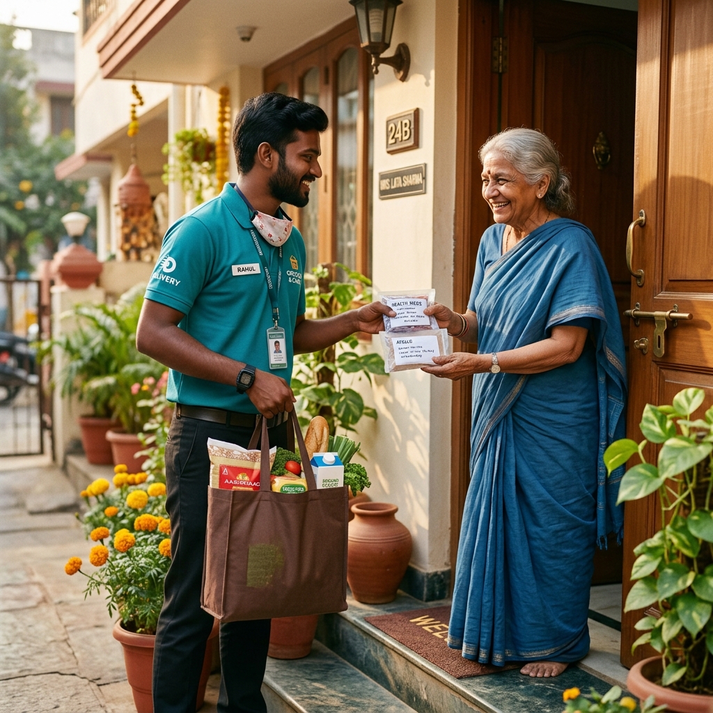 Service person delivering groceries to senior citizen