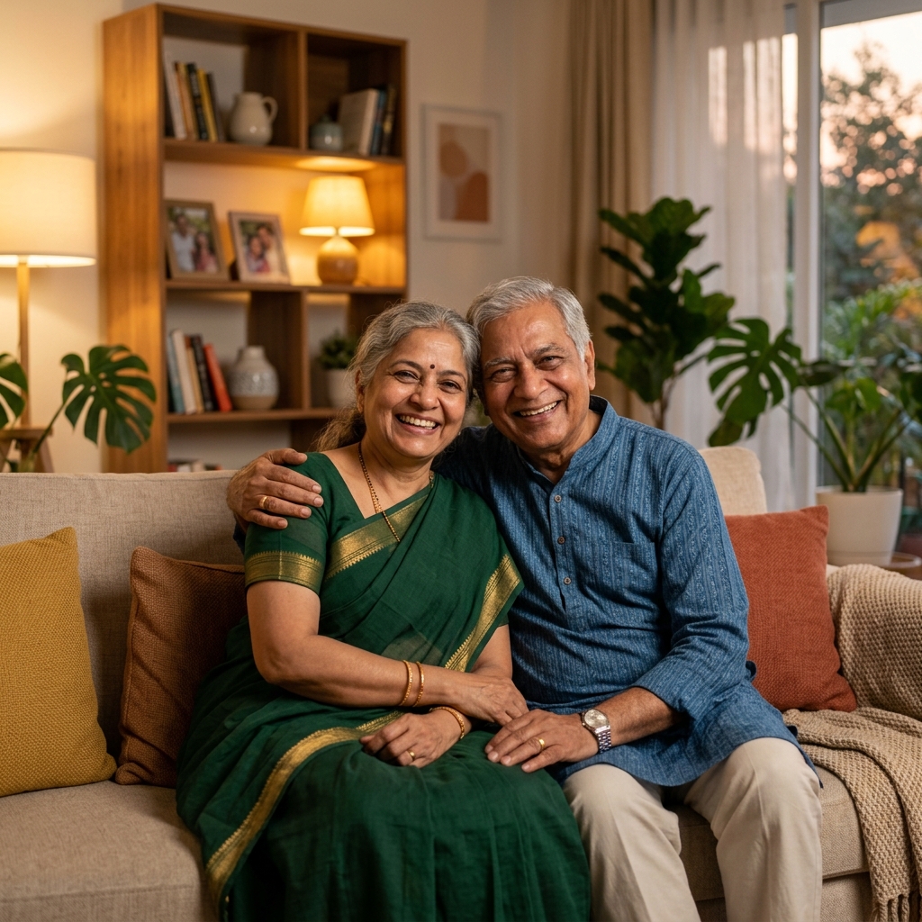 Smiling Indian elderly couple in their living room